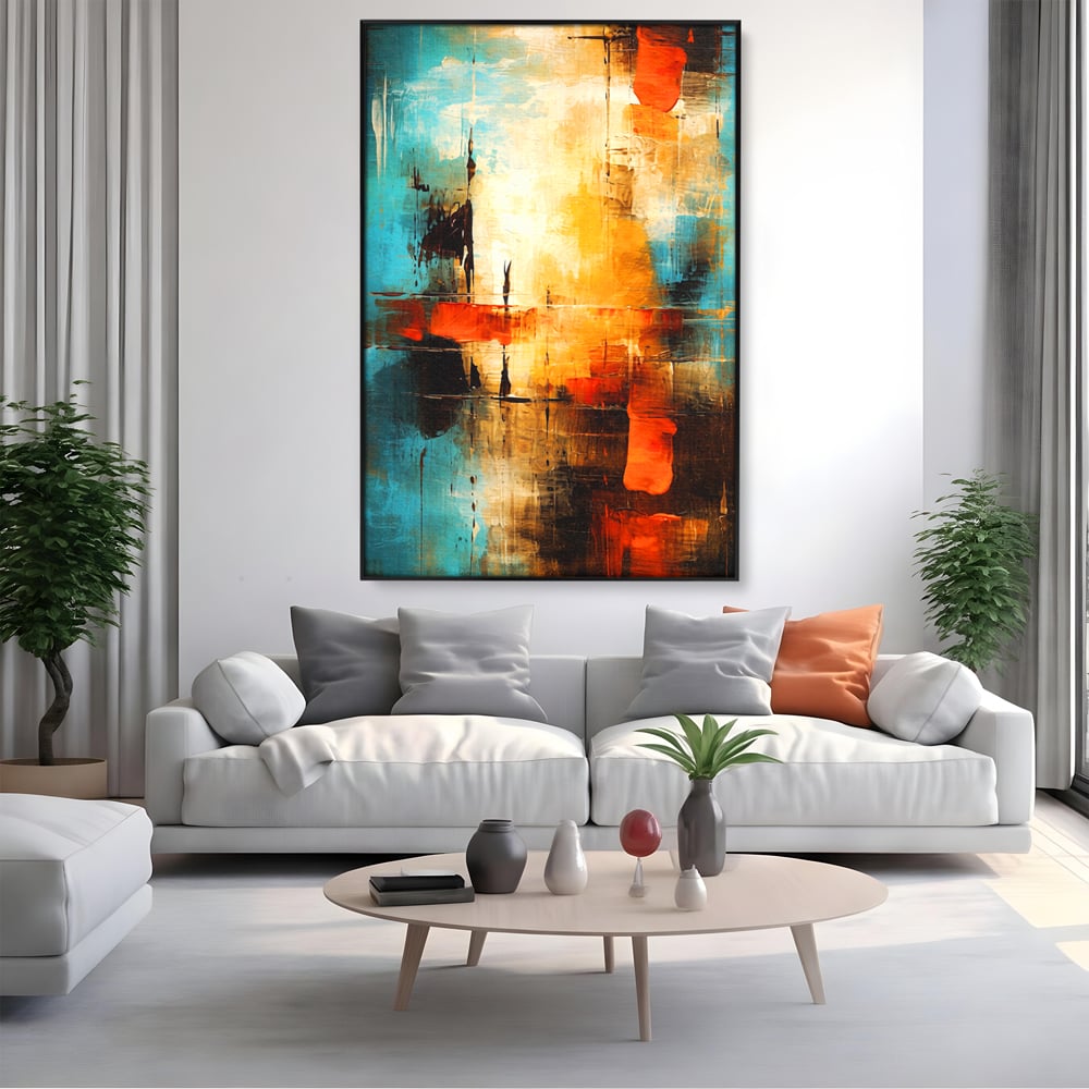 Tablou canvas cu pictura abstracta cu portocaliu si albastru, in rama de aluminiu negru, pe perete intr-un living